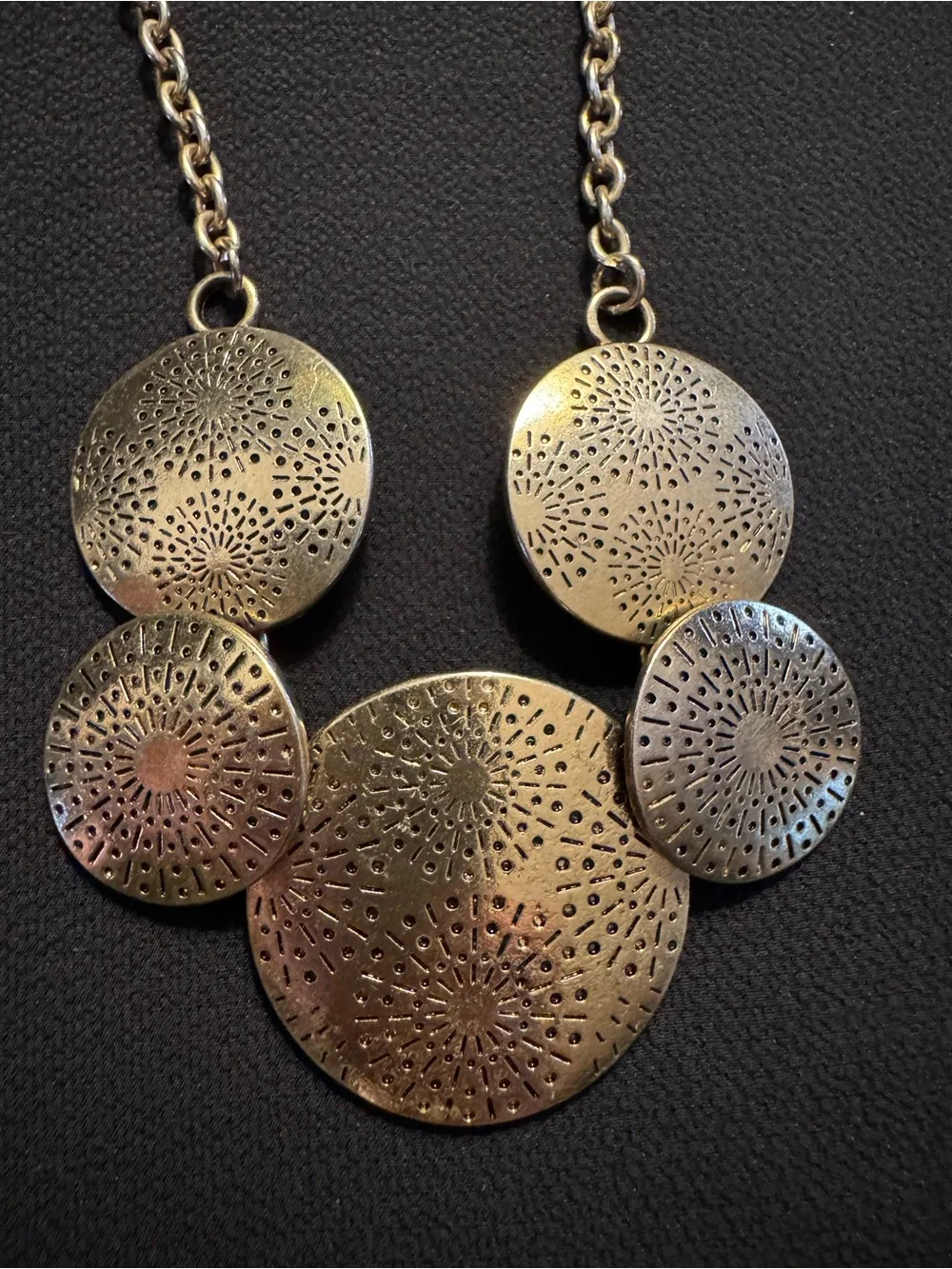 Brass Etched Starburst Disc Bib Necklace 19” + Extender